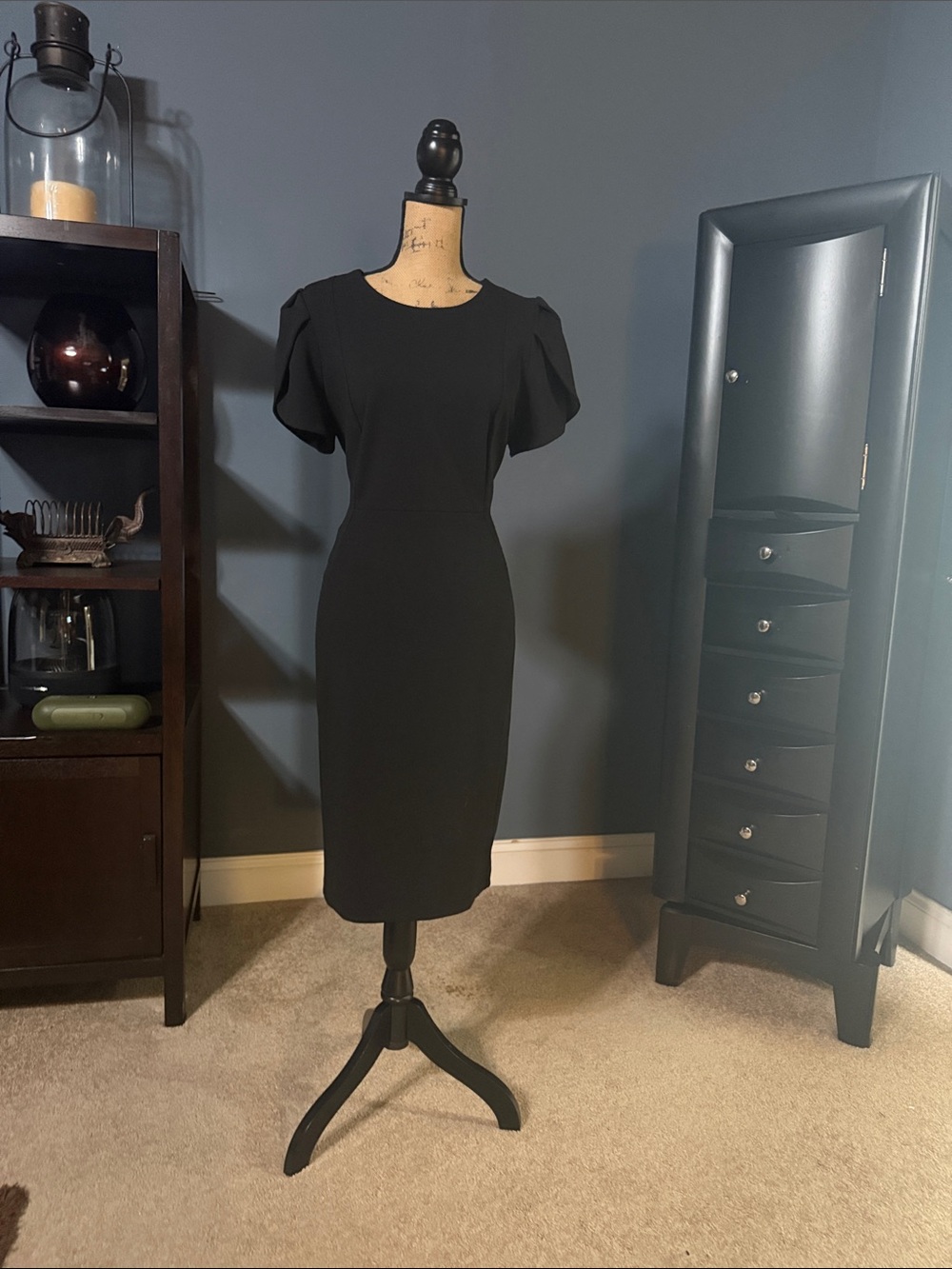Calvin Klein Black Midi Sheath Dress with Puff Sleeves